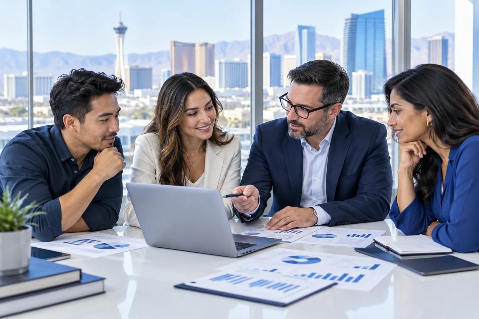 Business owners discussing financial plans with an advisor in a Las Vegas office
