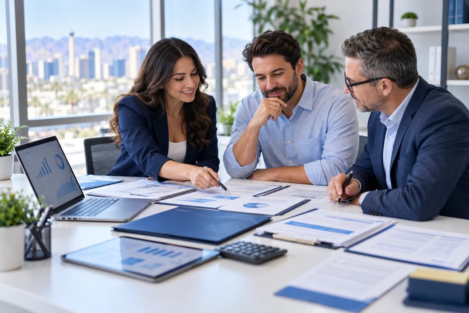 Business owner and NetFintax advisors reviewing accounting and financial plans