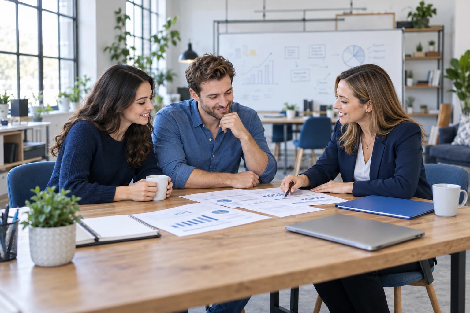 Startup founders reviewing financial plans with an advisor
