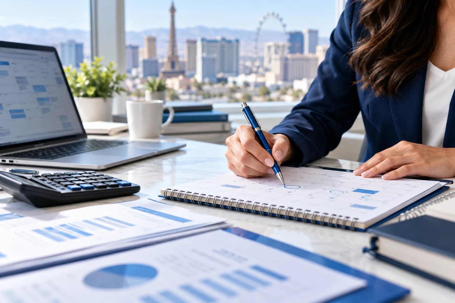 Accountant marking a deadline on a desk calendar beside financial reports
