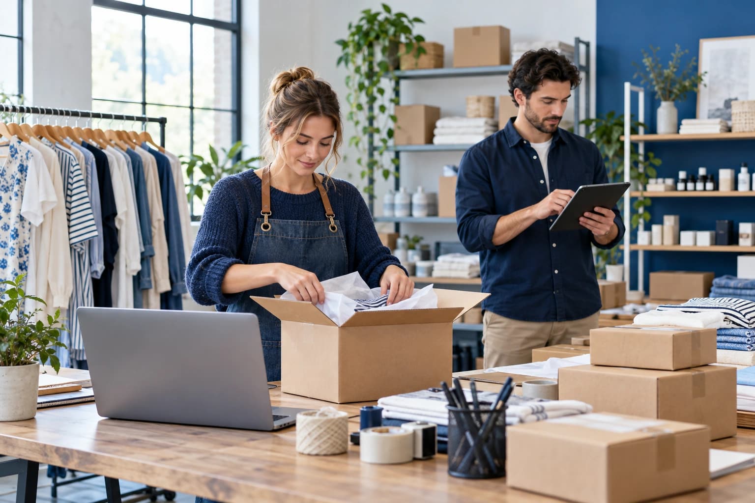 Online shop owner packing orders while a colleague checks inventory
