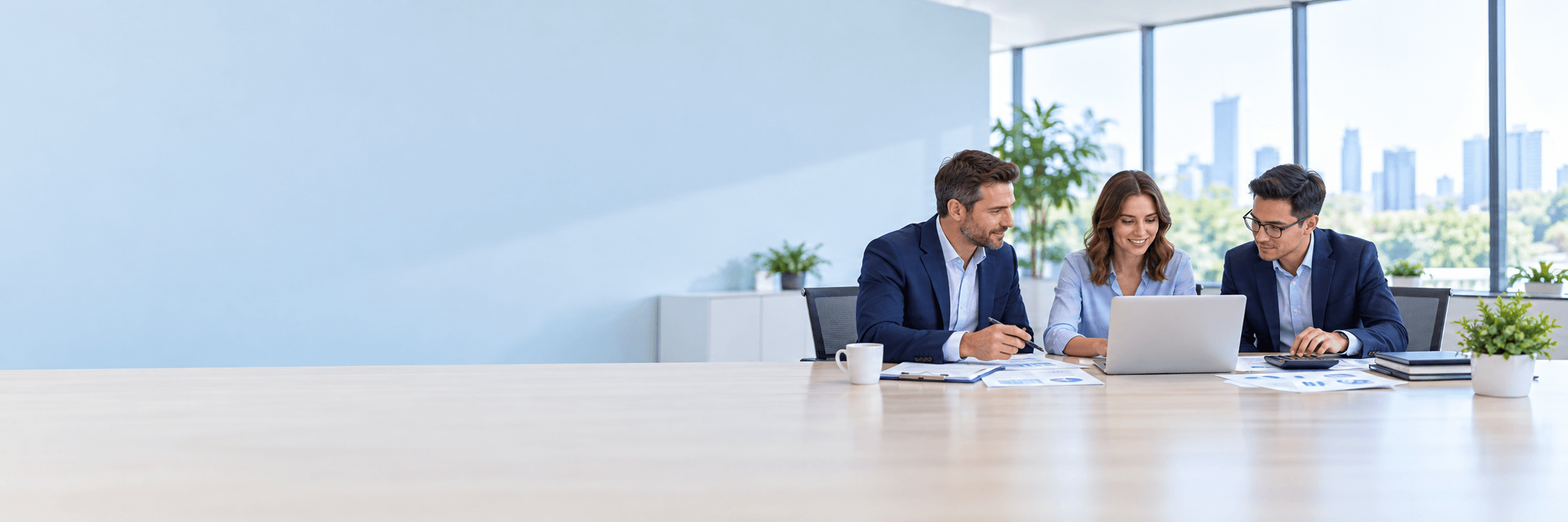 Accounting professionals collaborating on financial reports in a bright office