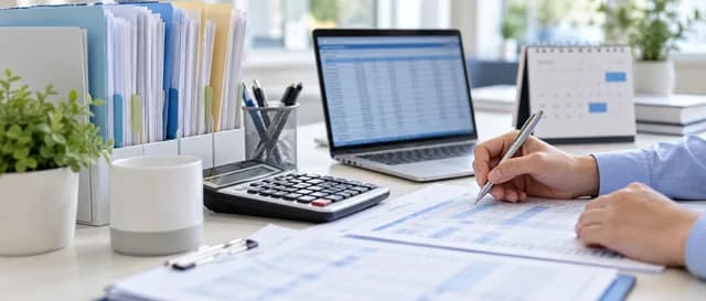 Preparing payroll records beside a calendar