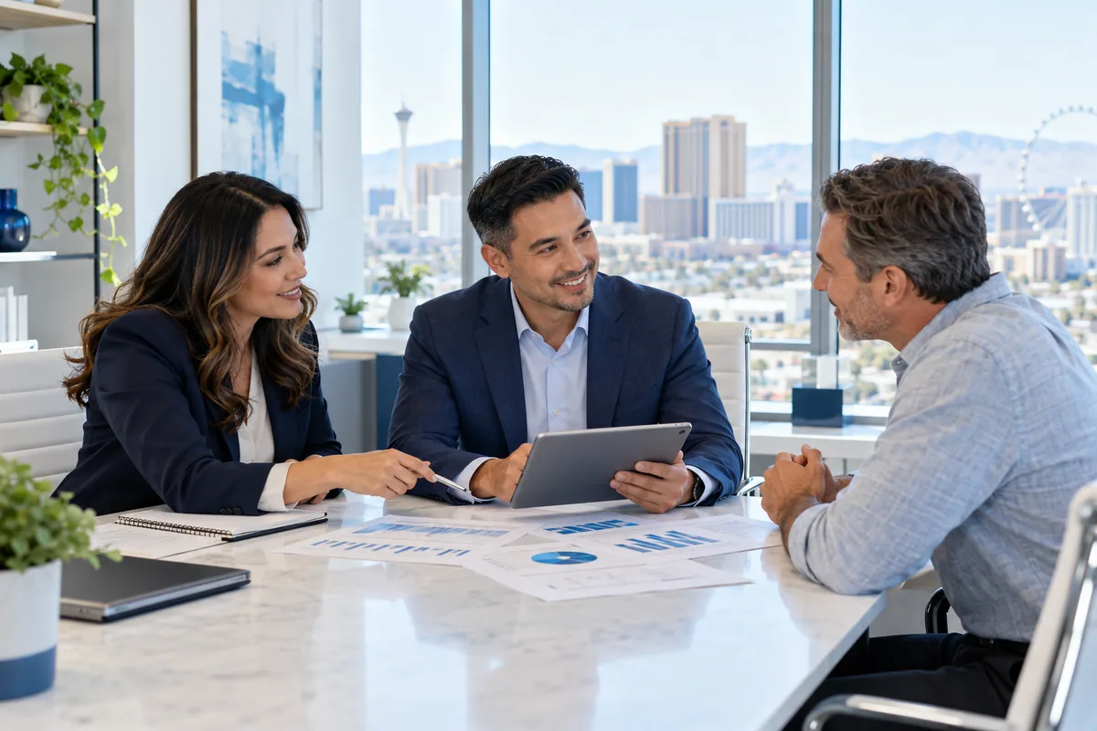 Accounting professionals discussing financial reports with a client in Las Vegas