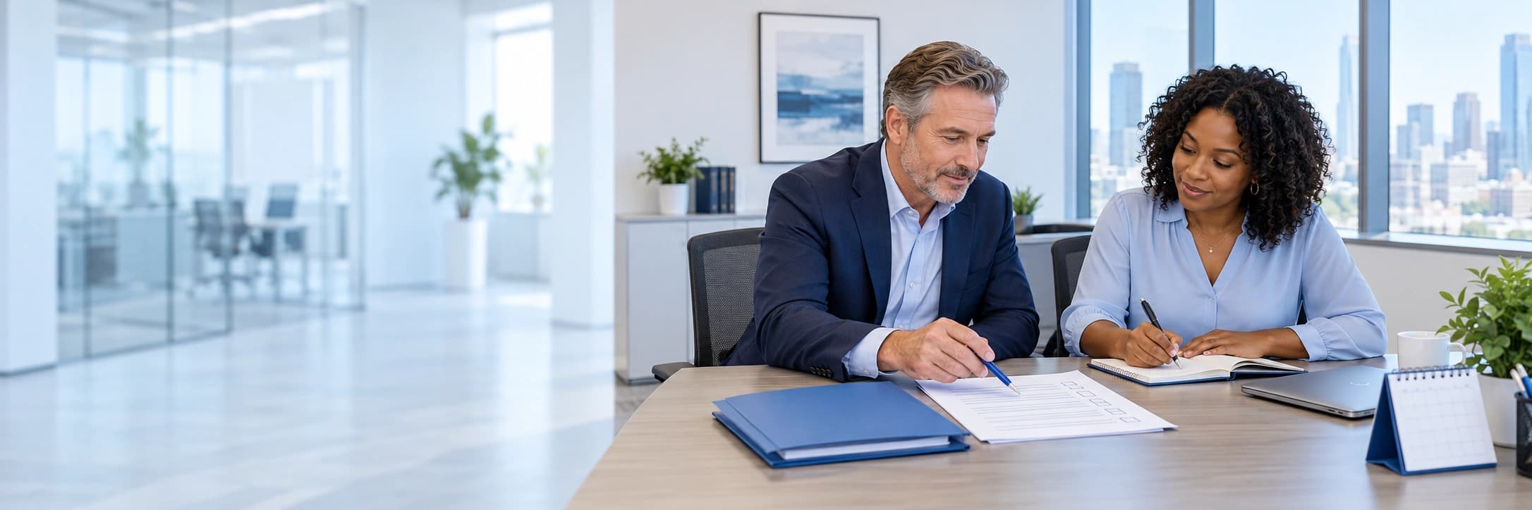 Tax advisor reviewing an action checklist with a business owner taking notes